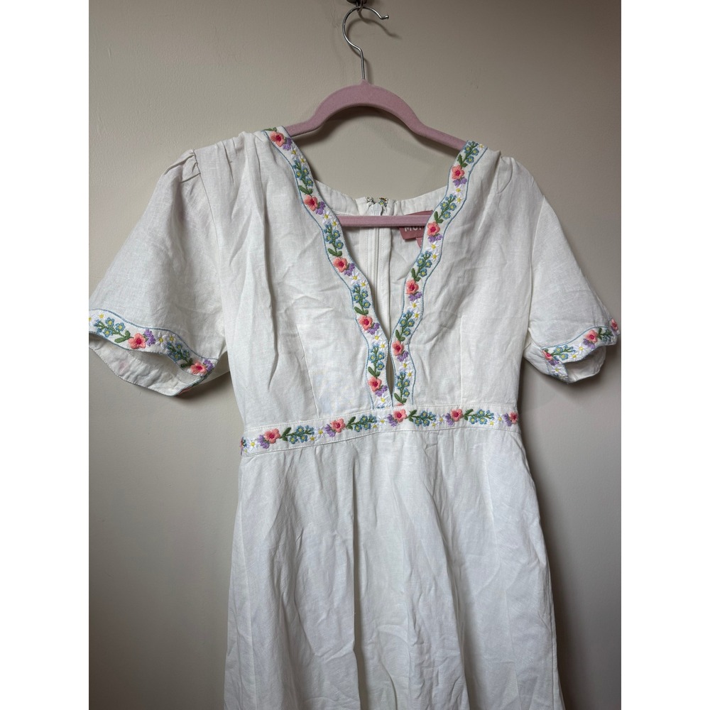 Show Me Your Mumu  Theia Floral Embroidered Linen Midi Dress White  Short Sleeve - Picture 4 of 6